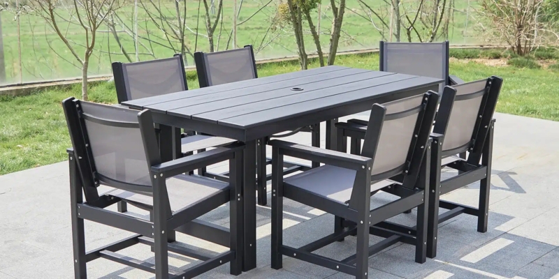 Outdoor Dining Set, Charcoal Mesh Sling Seats for 6-Person Patio