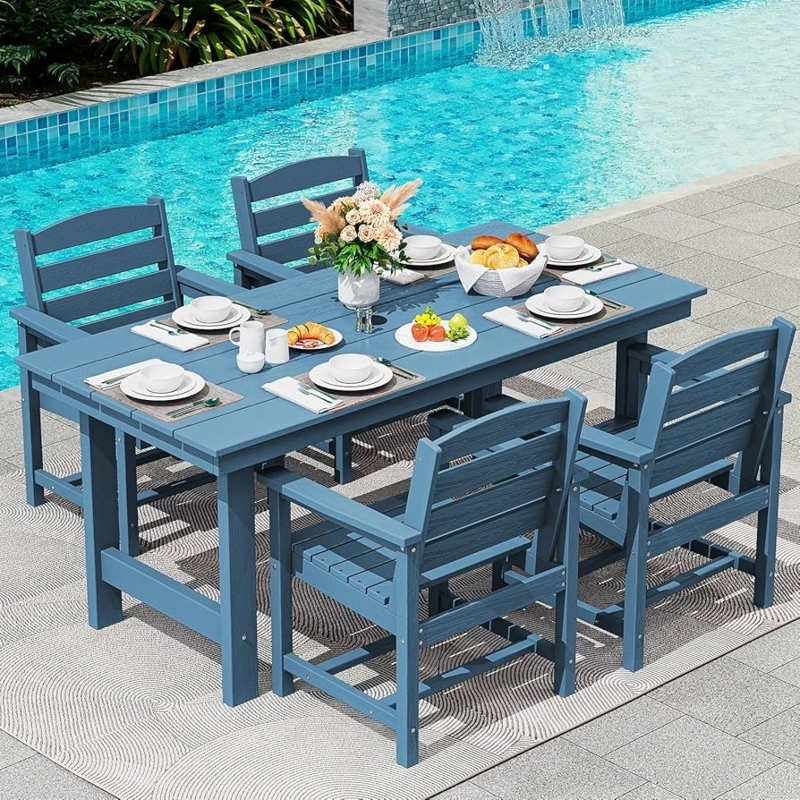 Outdoor Dining Set, Coastal Blue 6-Piece Slatted Design for Poolside Area