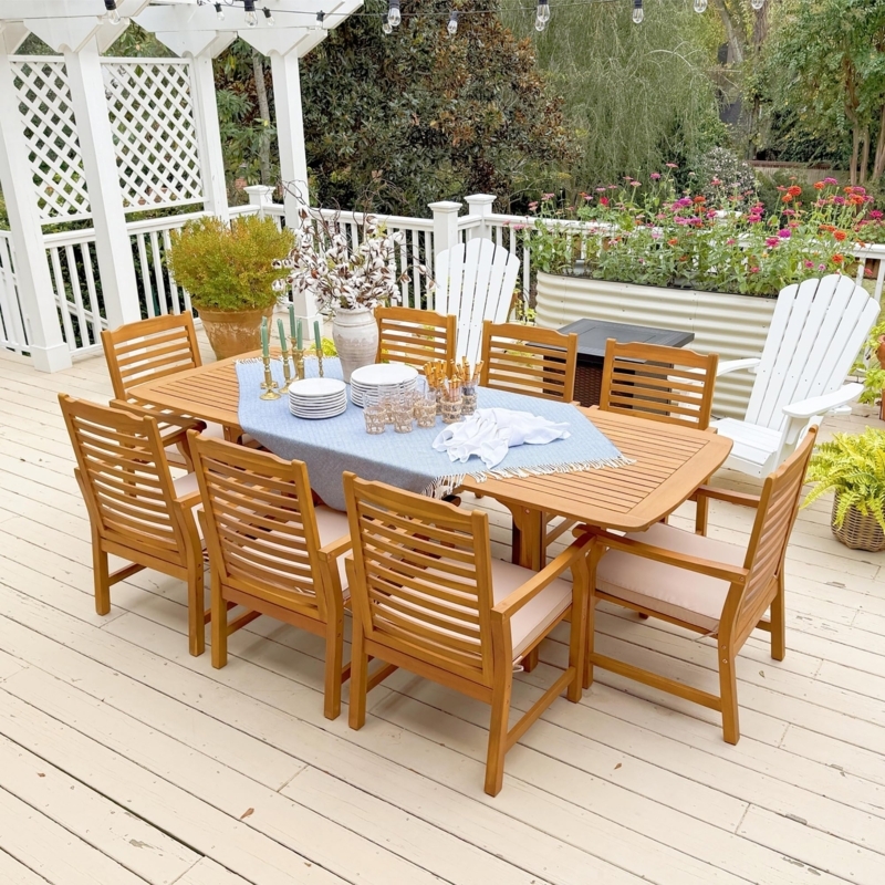 Outdoor Dining Set Expandable Light Wood Slat Back Armchairs Coastal