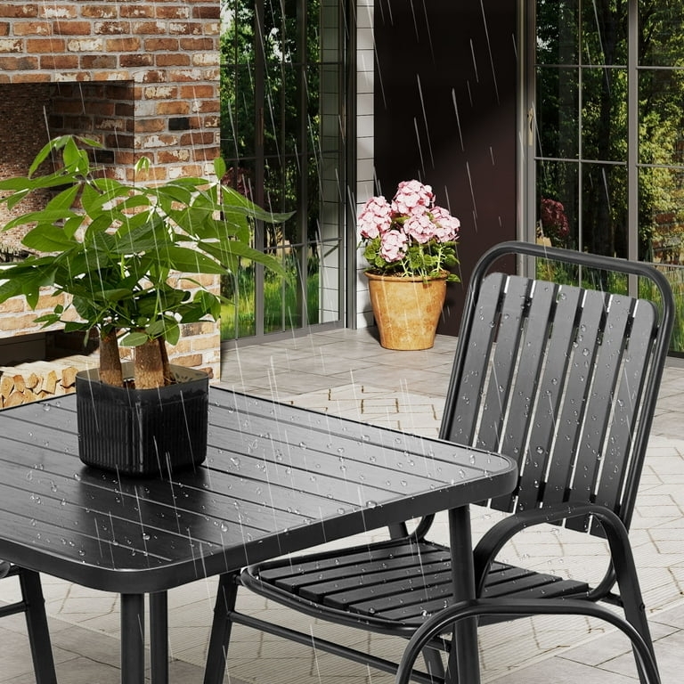 Outdoor Dining Set, Industrial Black Metal Slatted, Weather Resistant