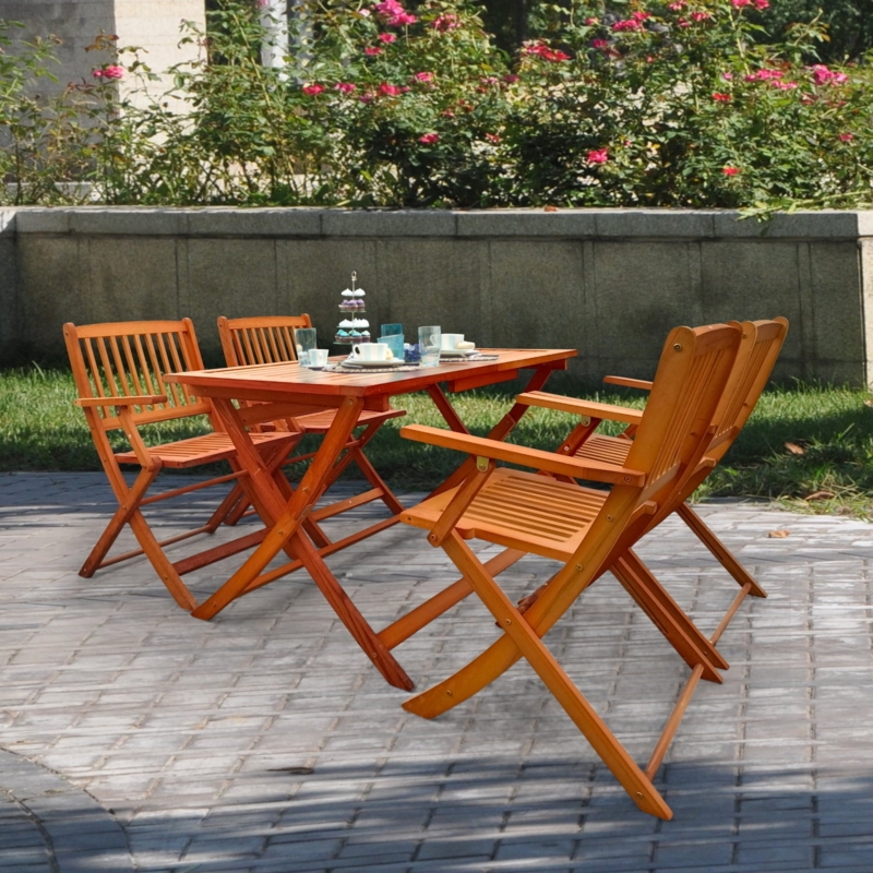 Outdoor Dining Set Teak Toned Wood X-Frame Folding Table and Chairs