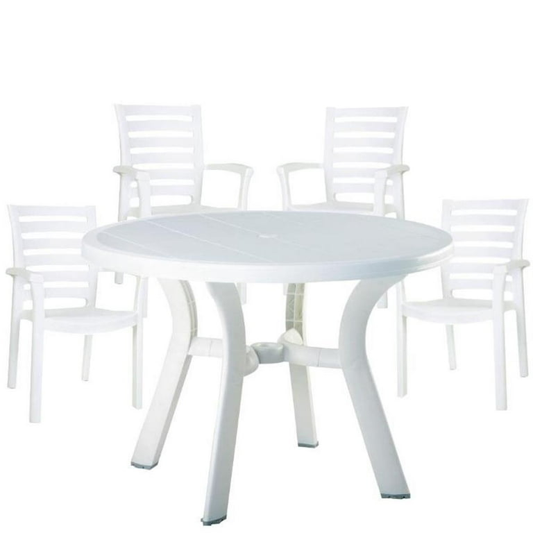 Outdoor Dining Set White Resin 5-Piece Round Table Slatted Chair Backs