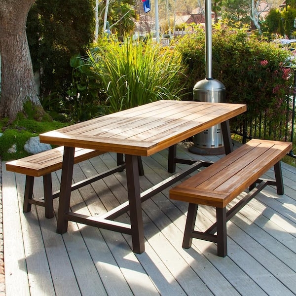 Outdoor Dining Set with Industrial Metal A-Frame Legs and Wood Benches