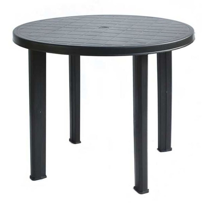 Outdoor Dining Table Black Plastic Matte Grid Pattern Top Umbrella Hole