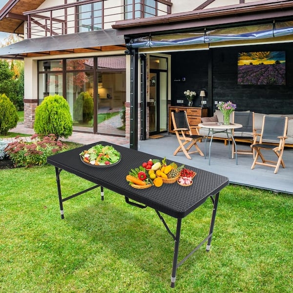 Outdoor Dining Table Black Rattan Look Fold-In-Half Portable Design