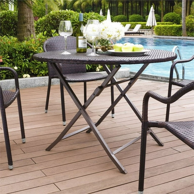 Outdoor Dining Table Round Woven Wicker Top Folding Dark Brown