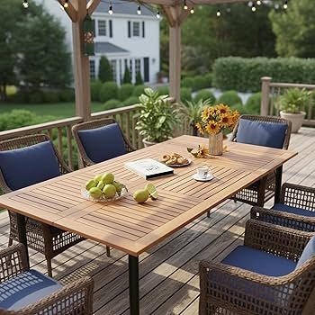 Outdoor Dining Table with Navy Blue Cushions and Wicker Chairs on Deck