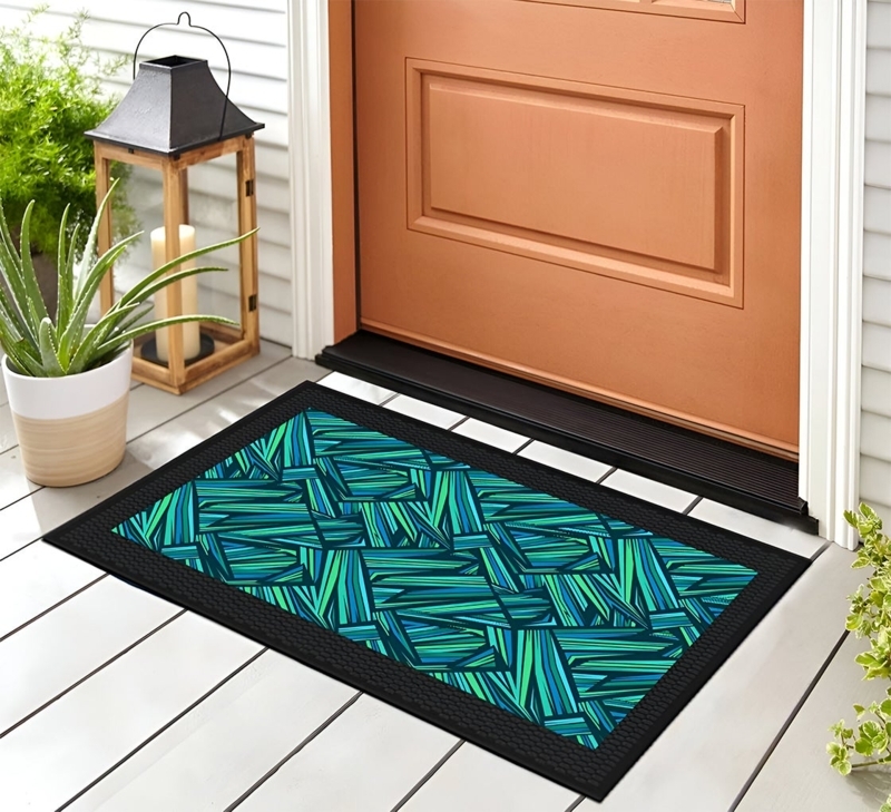 Outdoor Doormat Abstract Teal Pattern Raised Textured Border