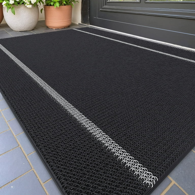 Outdoor Doormat Black Looped Texture Silver Stripes Low Profile Porch Mat