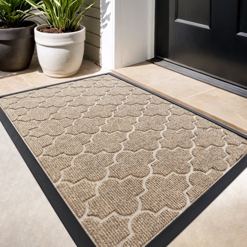Outdoor Doormat Raised Quatrefoil Pattern Large Outdoor Entry Rug Khaki