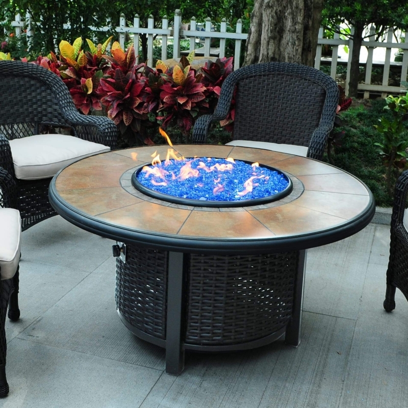Outdoor Fire Table Tile Top Wicker Base Blue Glass Media