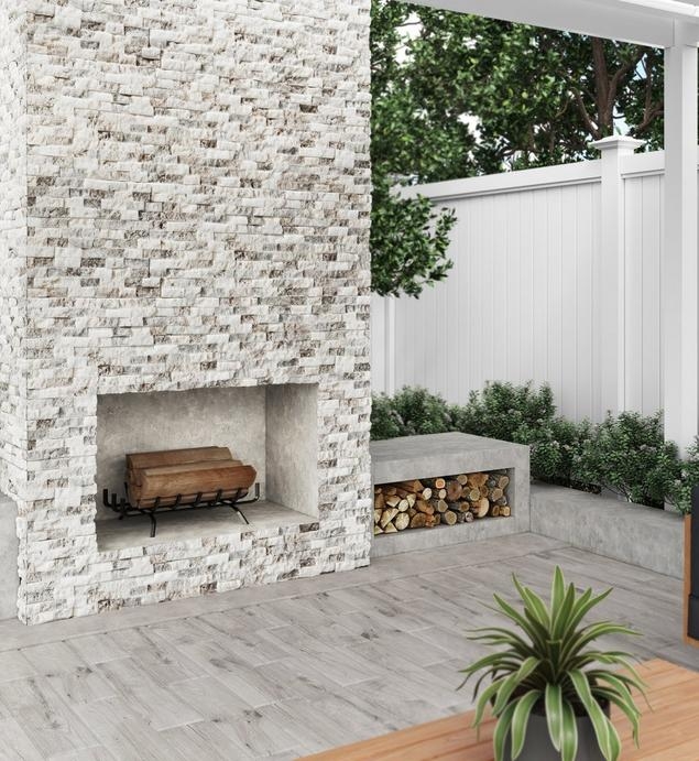 Outdoor Fireplace: Ledger Stone, Built-In Log Niche, Wood-Look Patio Tile