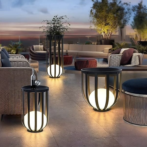 Outdoor Floor Lamp Black Cage Silhouette Integrated Plant Stand