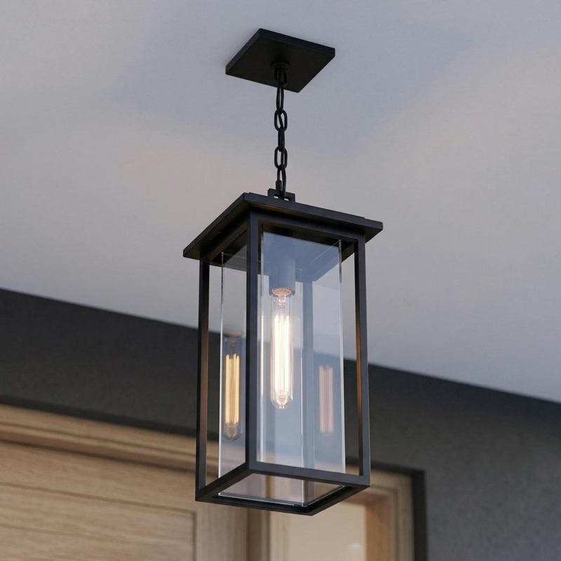 Outdoor Hanging Light Rectangular Silhouette with Exposed Edison Bulb