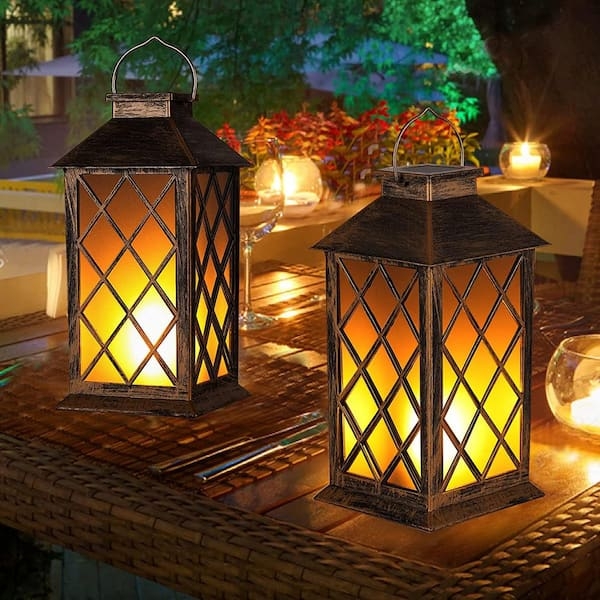 Outdoor Lantern Antique Finish with Diamond Lattice and Flickering Flame