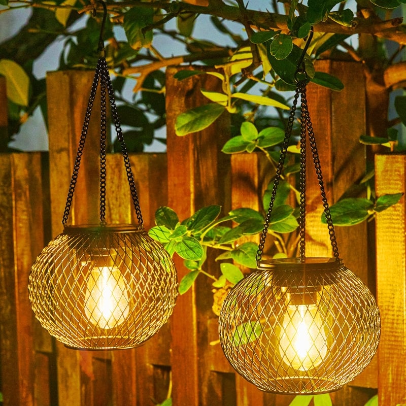 Outdoor Lantern Black Metal Mesh Cage Solar Industrial Decor