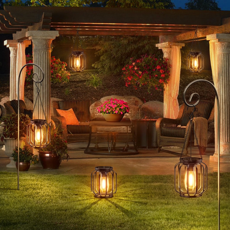 Outdoor Lantern Cage Design Solar Powered Warm Glow Rustic Patio