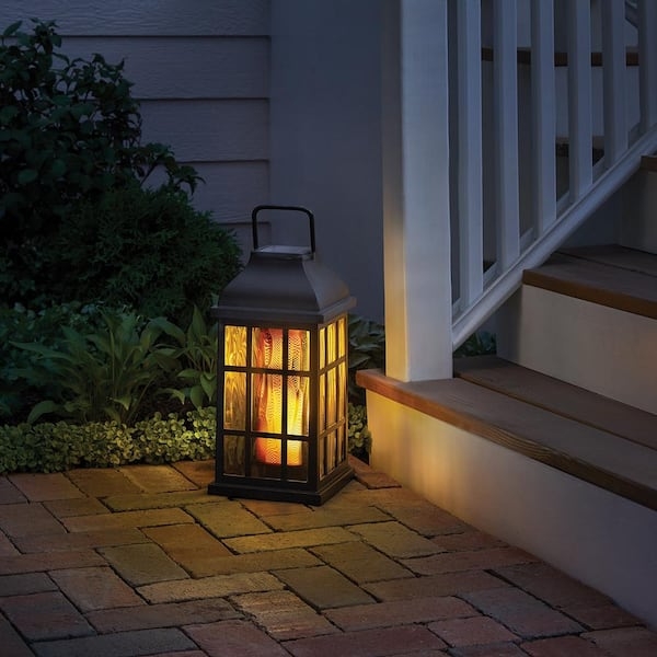 Outdoor Lantern Grid Panes Solar Top Traditional Warm Glow