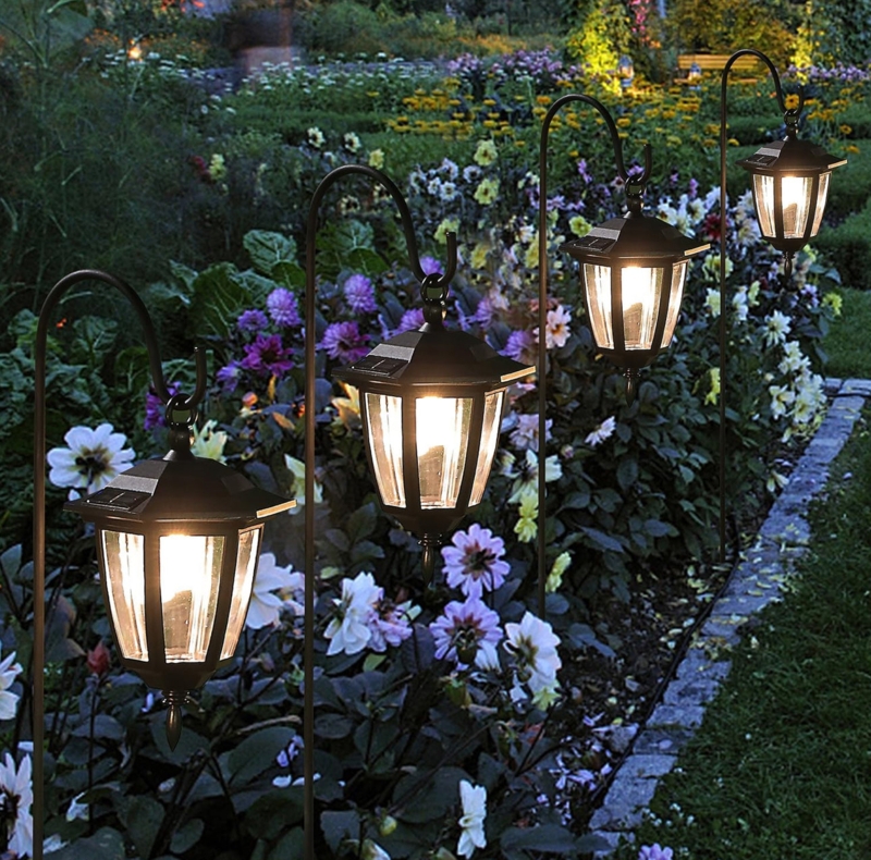 Outdoor Lantern Hexagonal Frame Shepherd Hook Black Traditional Path