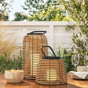 Outdoor Lantern Natural Woven Texture Black Handle Bohemian