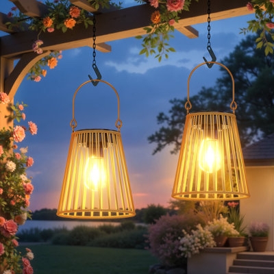 Outdoor Lantern Woven Texture Solar Powered Hanging Hook Boho