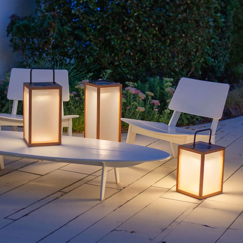 Outdoor Lanterns Wood Framed Frosted Diffuser Solar Powered
