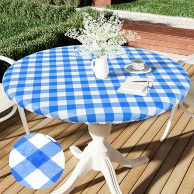 Outdoor Patio Tablecloth Round Fitted Blue White Checkered Waterproof Vinyl