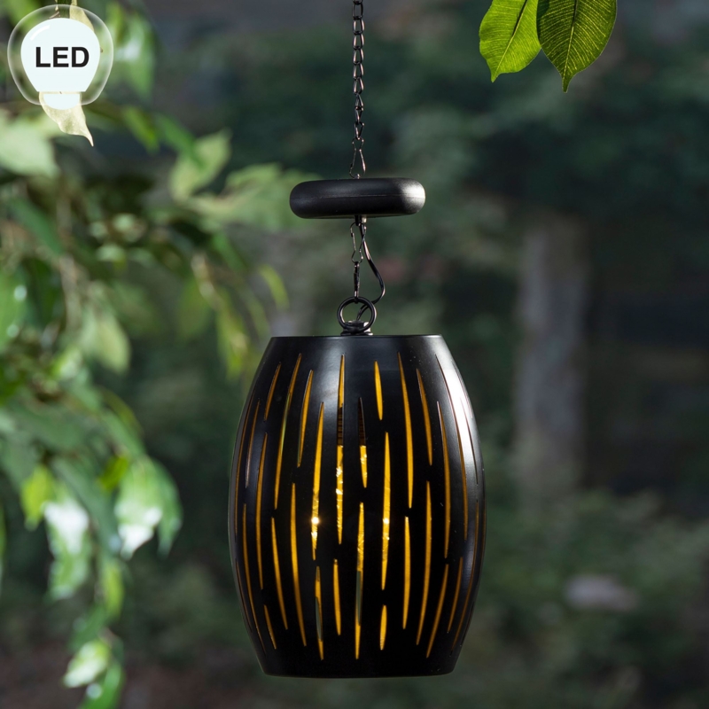 Outdoor Pendant Light Barrel Silhouette Vertical Cutouts Matte Black