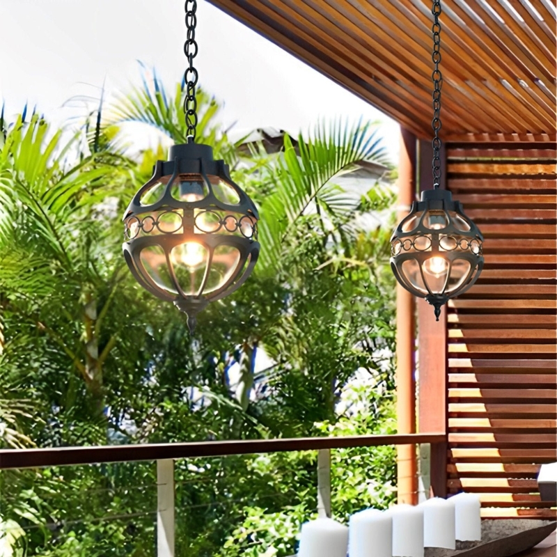 Outdoor Pendant Light, Black Metal Globe with Fretwork Detailing