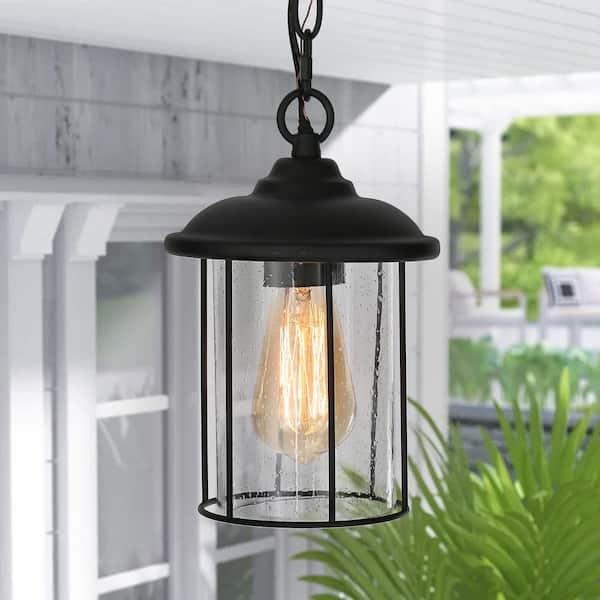 Outdoor Pendant Light Modern Farmhouse with Seeded Glass Shade