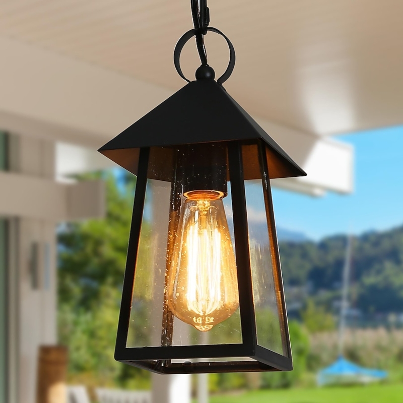 Outdoor Pendant Light Tapered Black Frame with Seeded Glass Panels