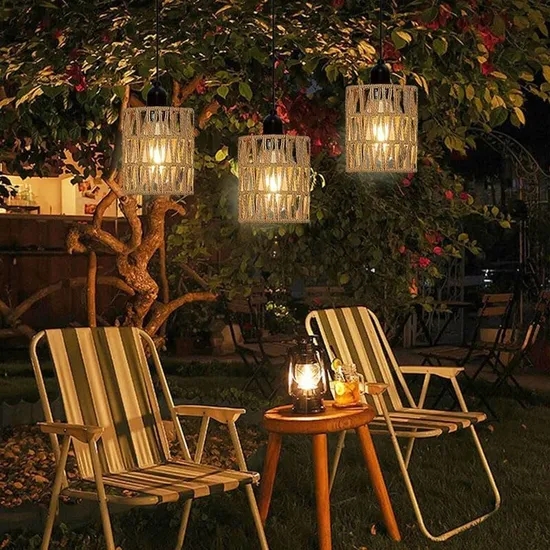 Outdoor Pendant Light with Rope Wrapped Shades for Rustic Garden
