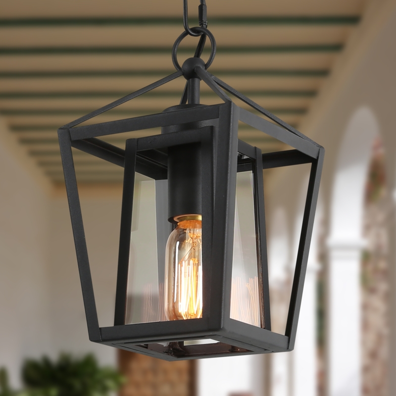 Outdoor Pendant Light with Trapezoidal Silhouette and Cage