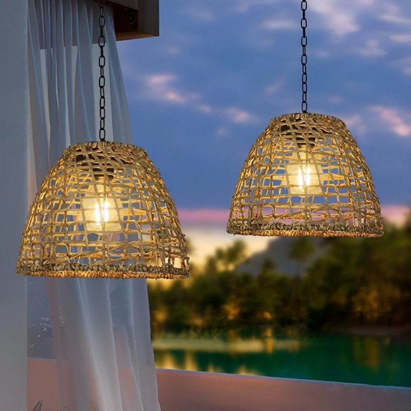 Outdoor Pendant Light Woven Texture Bell Shape Bohemian Coastal