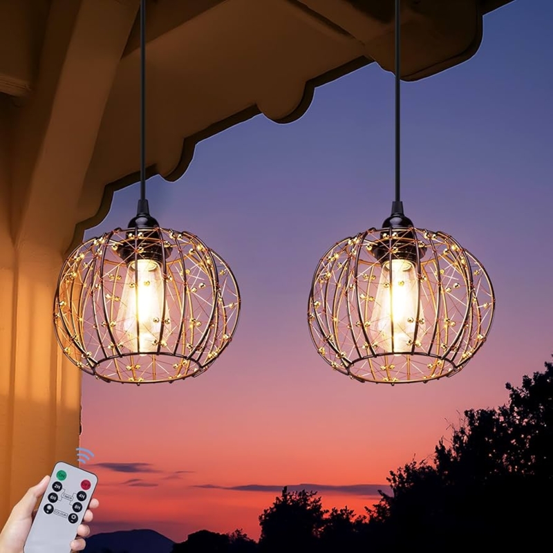 Outdoor Pendant Set Wire Globe Remote Control Bronze Industrial Porch
