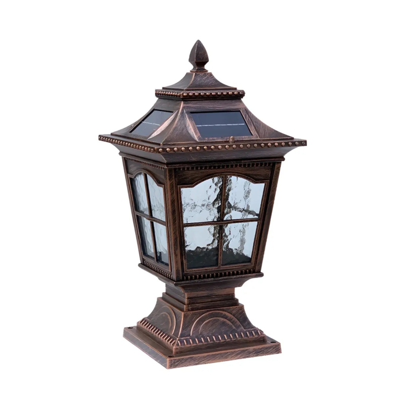 Outdoor Post Lantern Antique Bronze Solar Panels Textured Glass