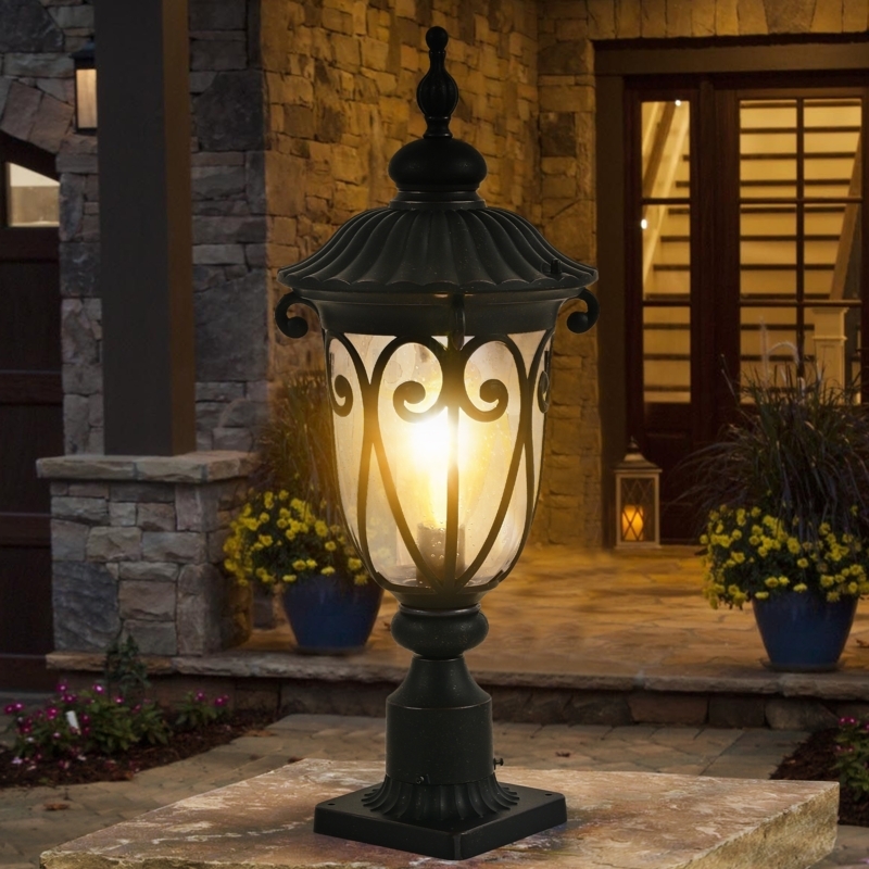 Outdoor Post Lantern Ornate Scrollwork Bubble Glass Garden Lantern