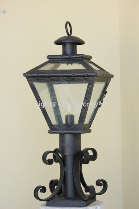 Outdoor Post Lantern Spanish Style Scrolled Base Seeded Glass Panels