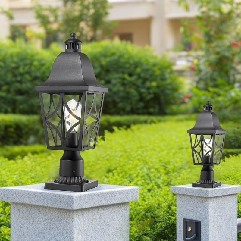 Outdoor Post Light Curved Lattice Overlay Tiered Cap Lighting