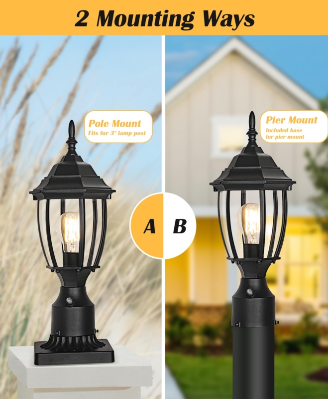 Outdoor Post Light Matte Black Curved Glass Traditional Sensor