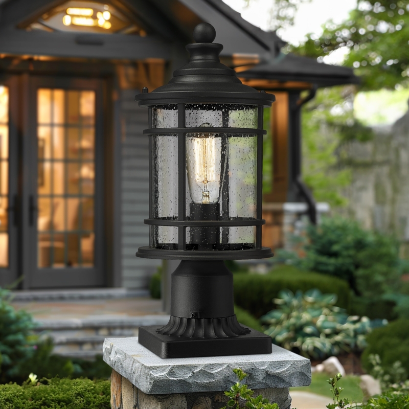 Outdoor Post Light Seeded Glass Edison Bulb Matte Black Traditional
