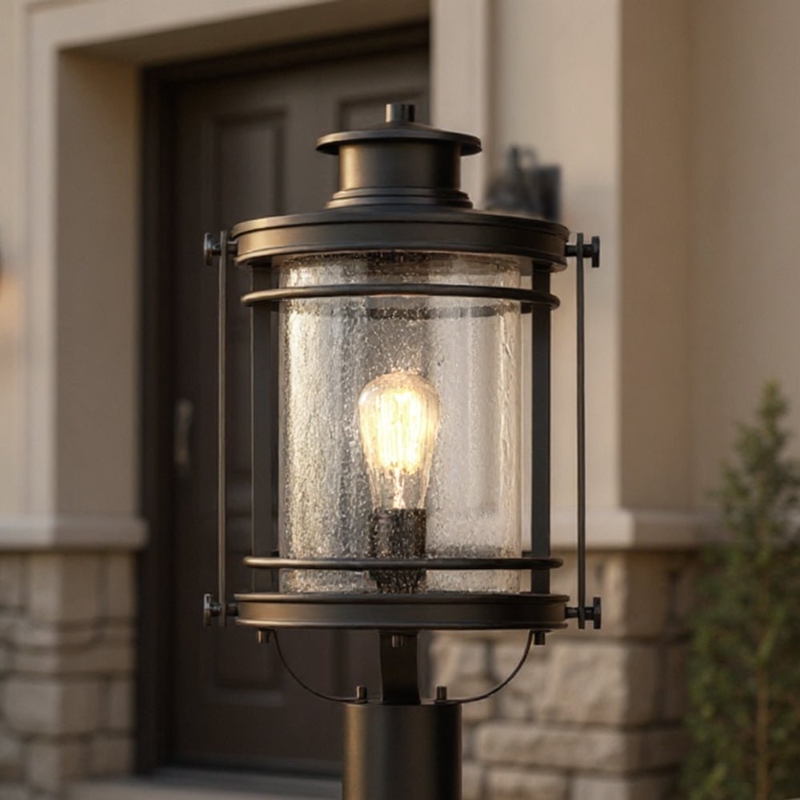 Outdoor Post Light Tiered Top Cap Seeded Glass Black Silk Mid-Century