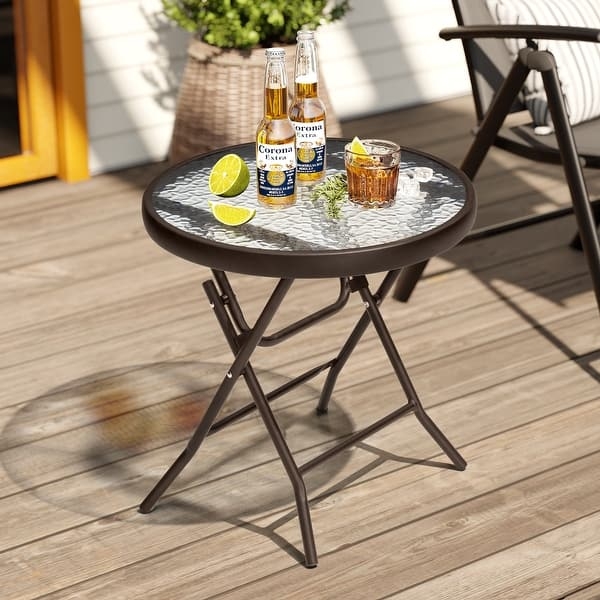 Outdoor Side Table Folding Compact Round Silhouette Dark Brown Glass