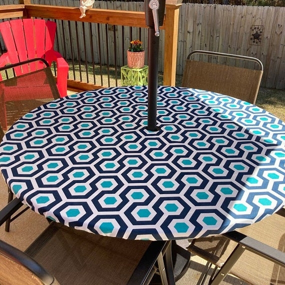 Outdoor Tablecloth Round Fitted Umbrella Hole Geometric Hexagonal Teal Navy