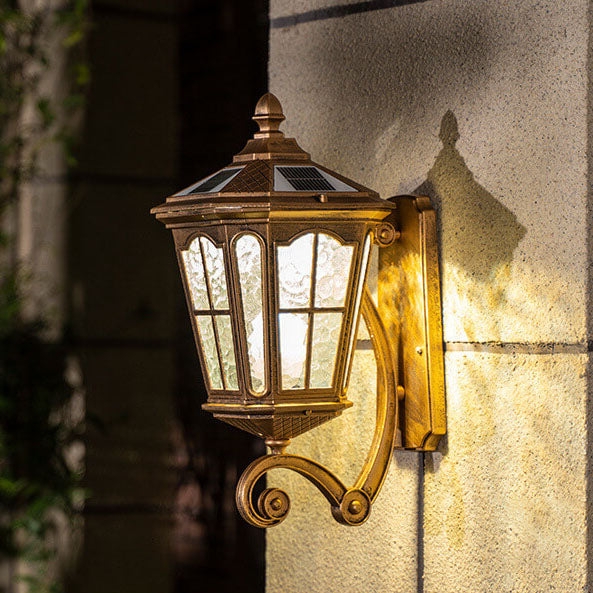 Outdoor Wall Lantern Antique Gold Solar Powered Textured Glass
