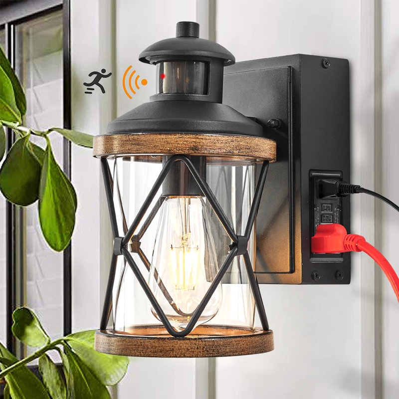 Outdoor Wall Lantern Built In Outlet Motion Sensor Wood Toned Accents