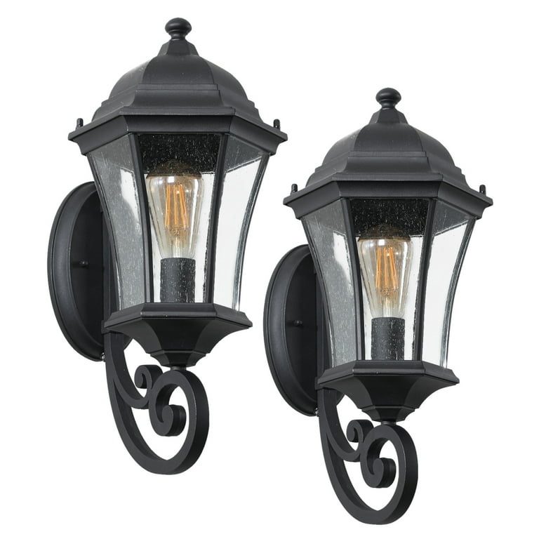 Outdoor Wall Lantern Hexagonal Silhouette Scroll Arm Seeded Glass