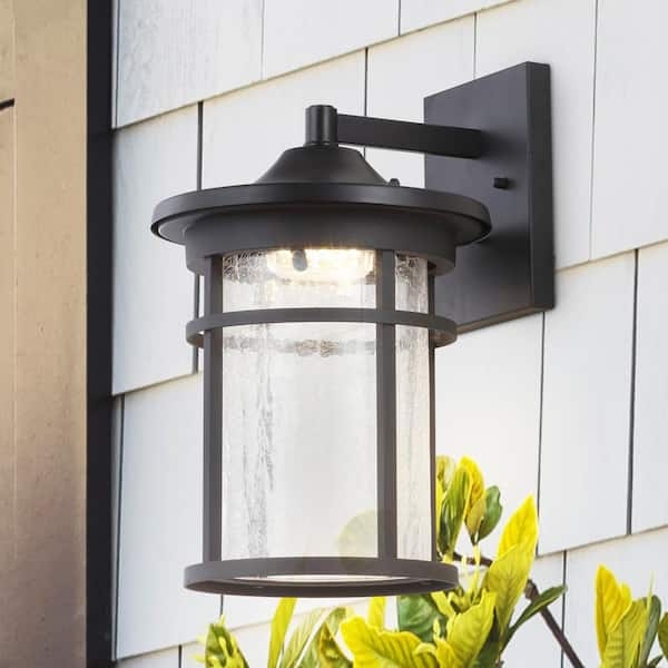 Outdoor Wall Lantern Matte Black Crackled Glass Cylinder Modern Farmhouse