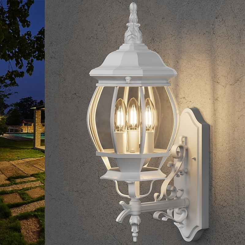 Outdoor Wall Lantern Matte White Finish Three Light Scrollwork Traditional
