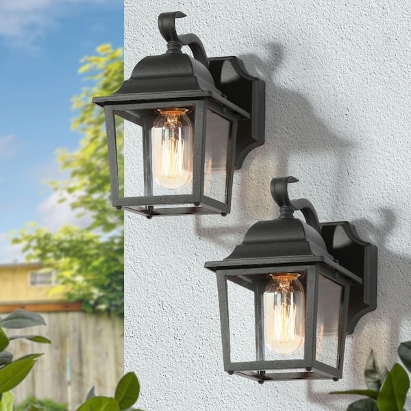 Outdoor Wall Lantern Scroll Hook Clear Glass Matte Black Farmhouse